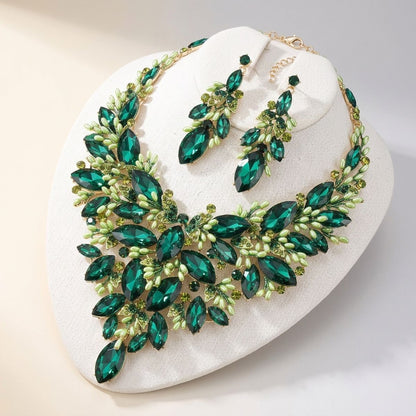 Emerald Green Glass Crystal Floral Bib Necklace &amp; Earring Set