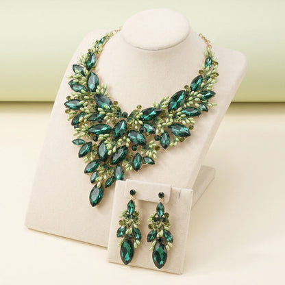 Emerald Green Glass Crystal Floral Bib Necklace &amp; Earring Set