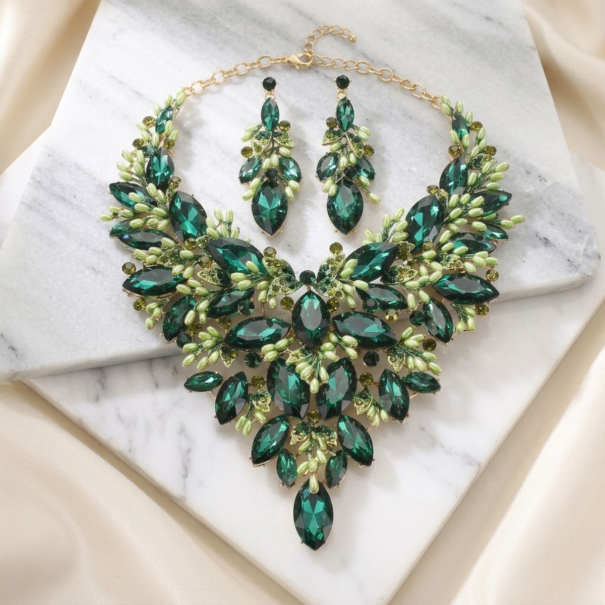 Emerald Green Glass Crystal Floral Bib Necklace &amp; Earring Set
