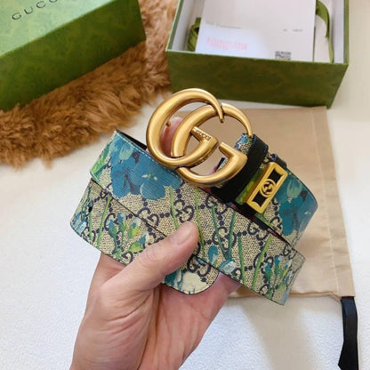 Gucci Guccissima Leather Floral Print Double Gold G Buckle Woman Belt