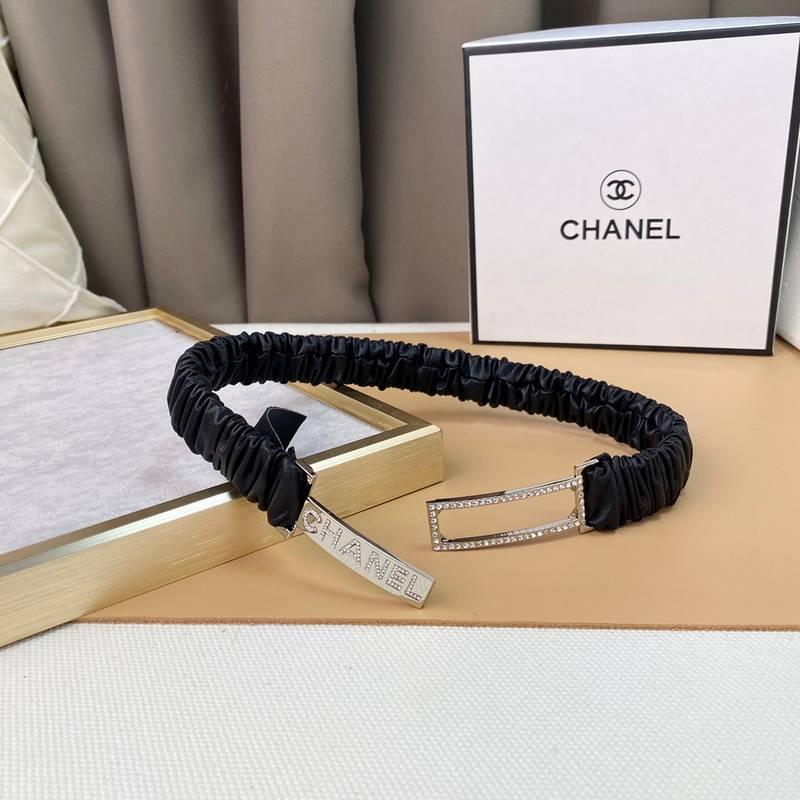 Chanel Logo Buckle Elastic Belt Leather with Metal and Crystals &