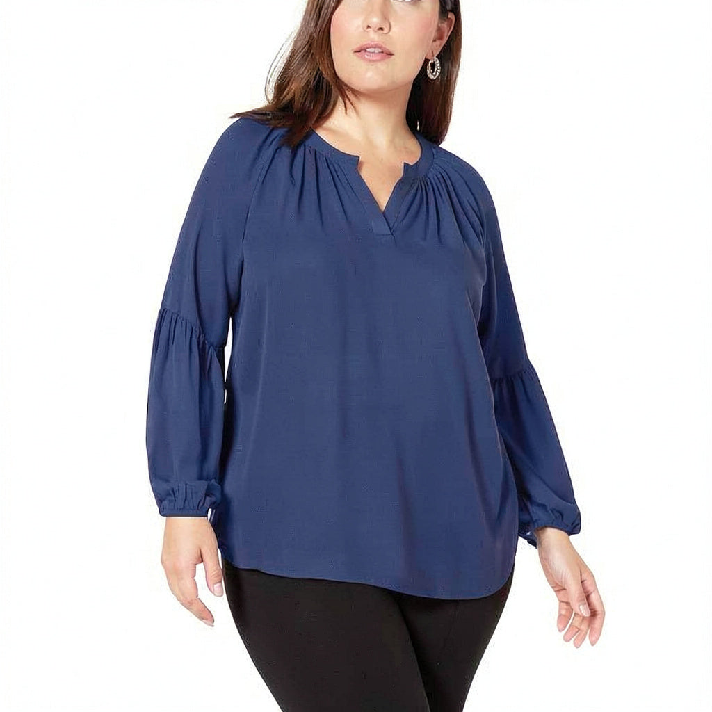 Ny Collection Blouse Navy Plus Split Neck Bishop Sleeve,Size 2X