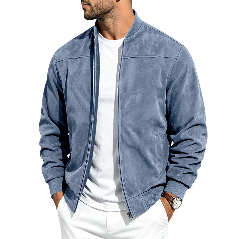 Men Casual Suede Zip Up Jacket Long Sleeve Outerwear