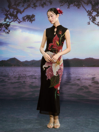 Floral Gradient Mesh Cheongsam Dress
