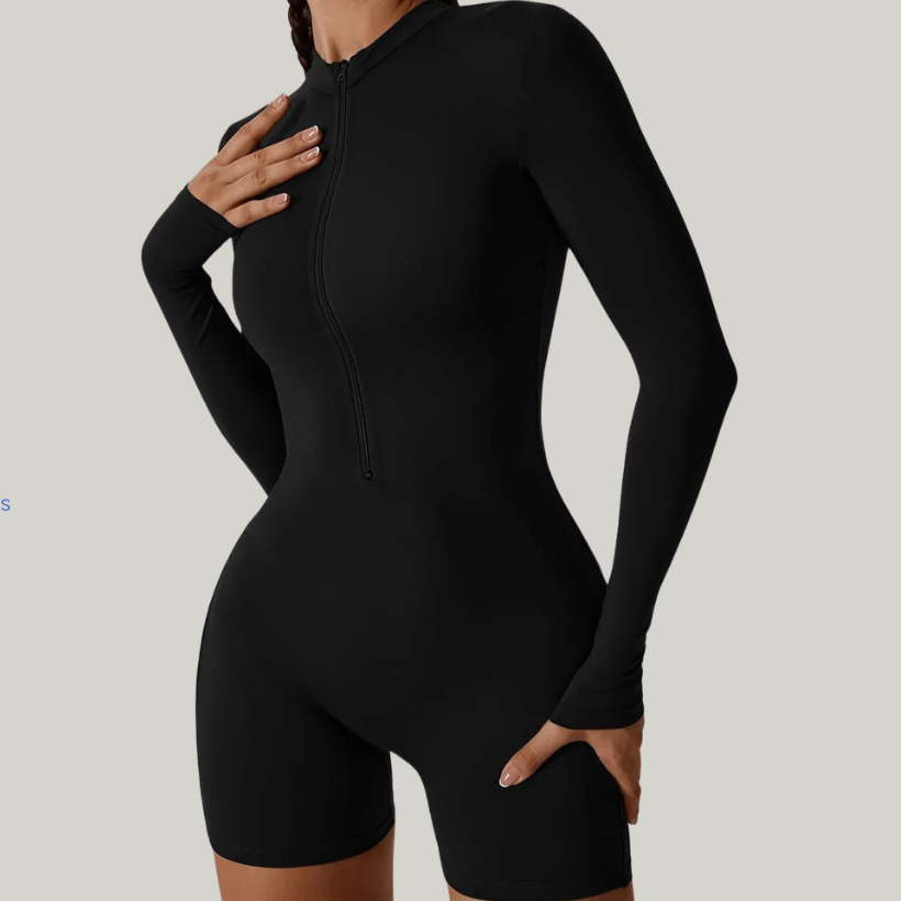 Jumpsuit Long-Sleeved Shorts with Open Collar and Zip-Up Sportswear Leggings