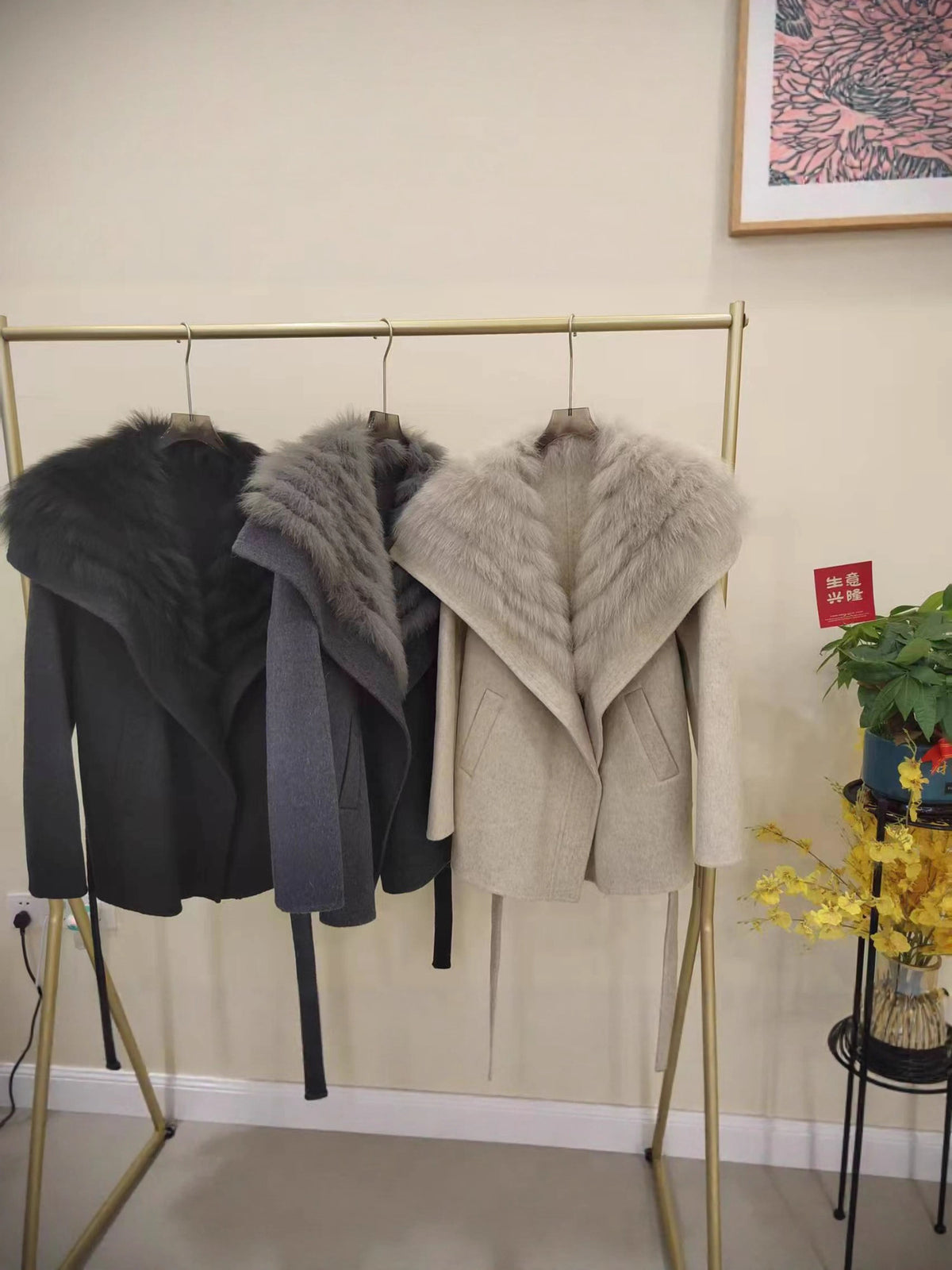 Womens Fox Fur Collar Cashmere Belted Coat