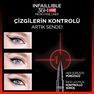 Loreal Paris Infaillible 36H Grip Micro Fine Eyeliner - 04 Dew Berry, Long Lasting &amp; Waterproof Eyeliner with 0.1 mm Fine Tip