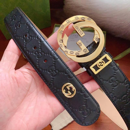 GUCCI Embellished coated-canvas and leather belt &