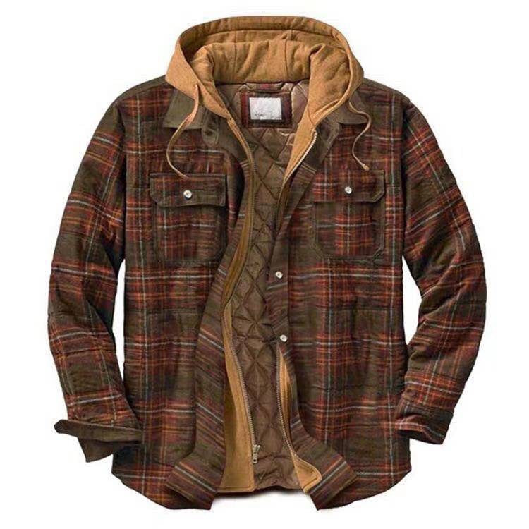 Thickened Cotton Plaid Long Sleeve Hooded Jacket