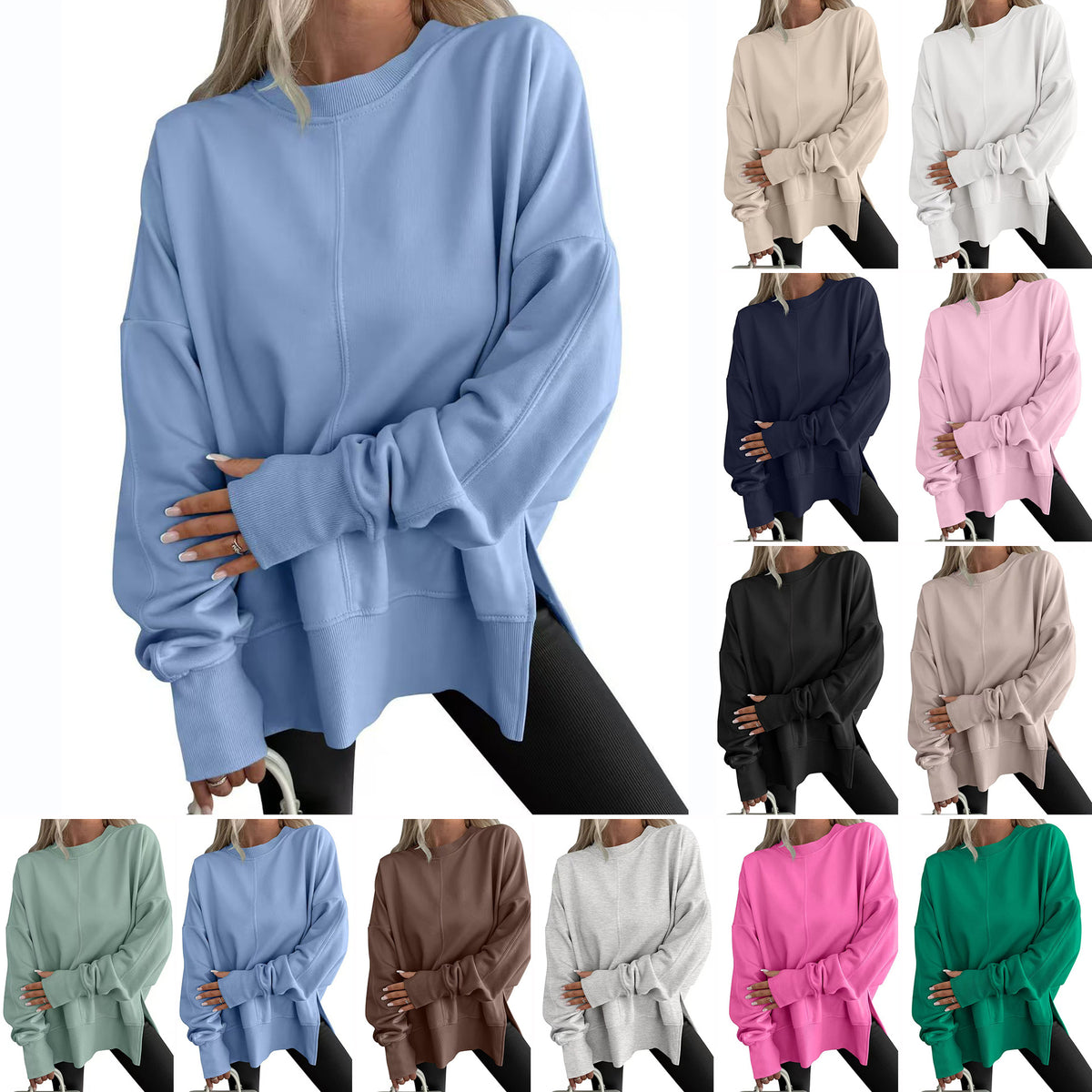 Womens Loose Bat Sleeve Side Slit Round Neck Fleece Lined Sweatshirt
