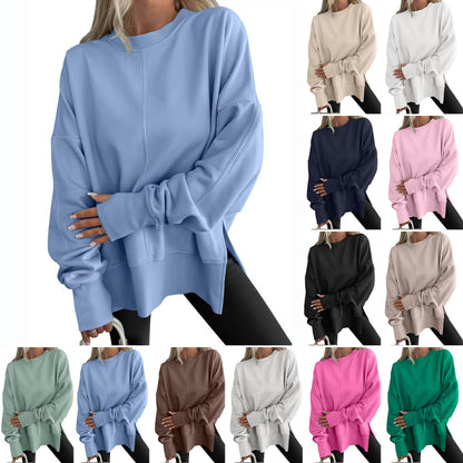 Womens Loose Bat Sleeve Side Slit Round Neck Fleece Lined Sweatshirt