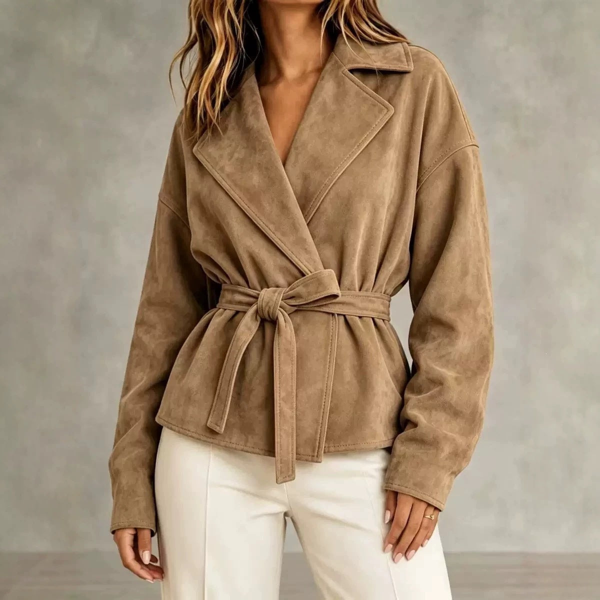 Lapel Suede Lace-Up Short Coat Loose Long Sleeve Jacket