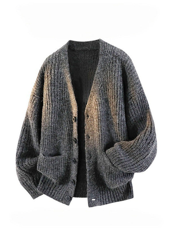 Mens V-Neck Knit Shirt Relaxed Fit Long Sleeve Top