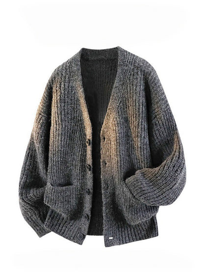 Mens V-Neck Knit Shirt Relaxed Fit Long Sleeve Top