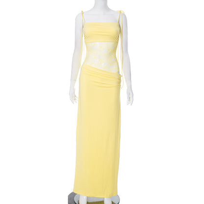 Women Summer Solid Color Lace Splicing Strap Dress
