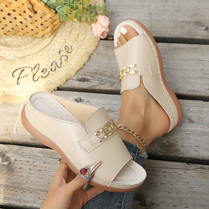 wedge-heeled thick-soled sandals with metal decoration, Roman-style peep-toe beach sandals