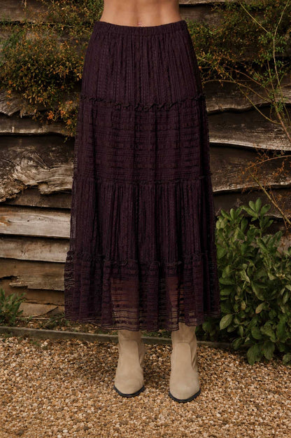 TEXTURED STRIPE RUFFLE TIERED MIDI SKIRT : CHOCOLATE BROWN