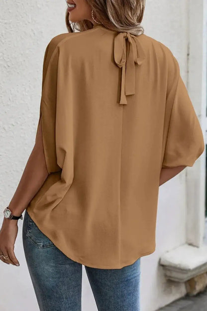 Tie Back Slit Half Sleeve Blouse by Trendsi