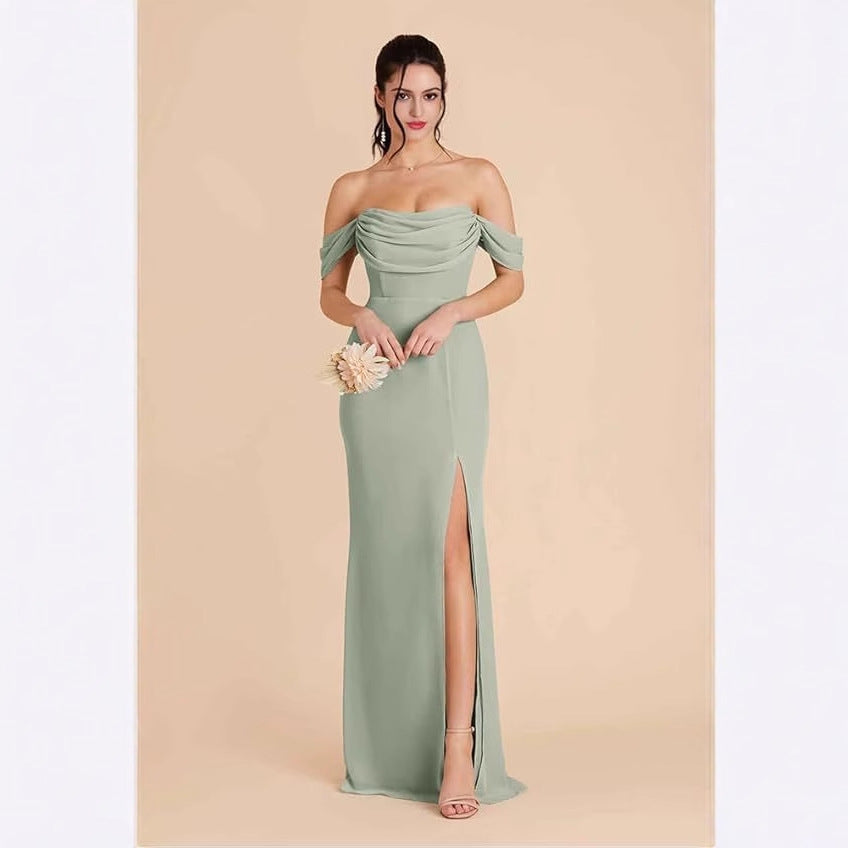 Convertible Off-Shoulder Long Evening Gown with Slit