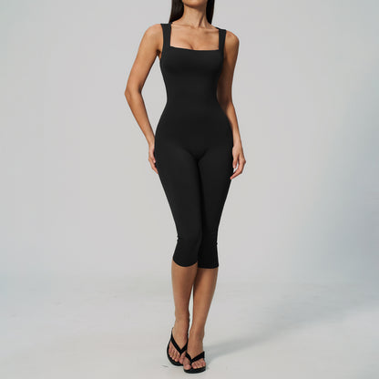 Seamless Square Neck Bodysuit for Women Slim Fit Yoga Shorts Set