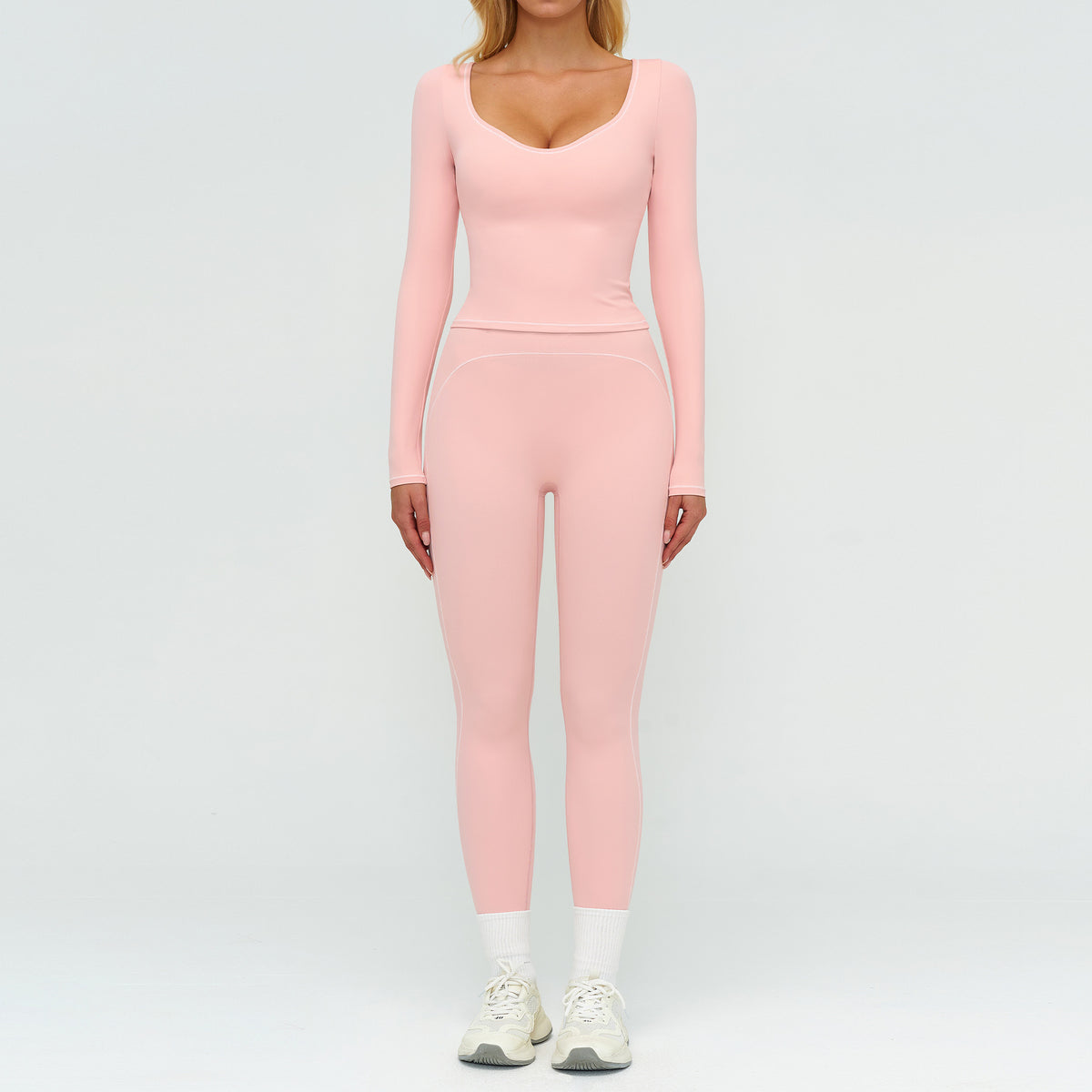 Color-Blocking Brushed Yoga Set for Women Double Shoulder Straps Workout Fitness Suit