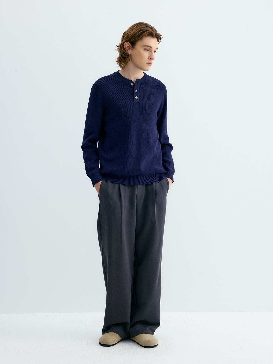 Ribbed Henley Collar Knit Sweater