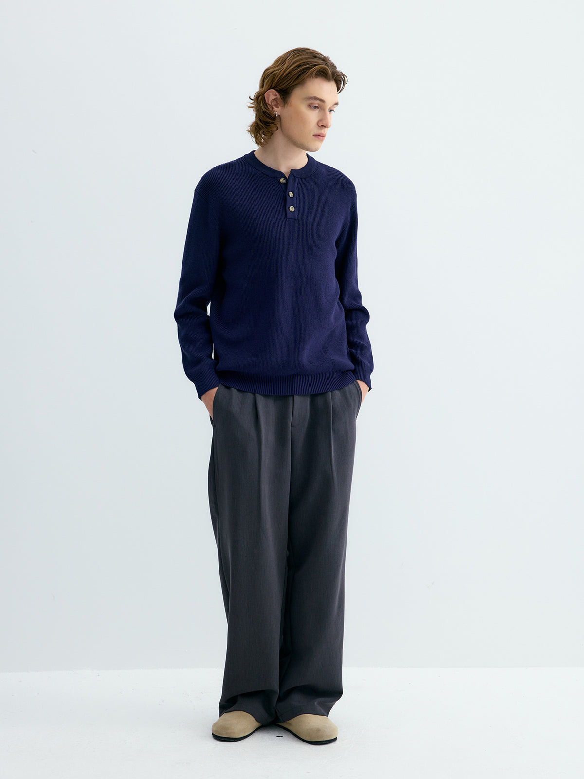 Ribbed Henley Collar Knit Sweater