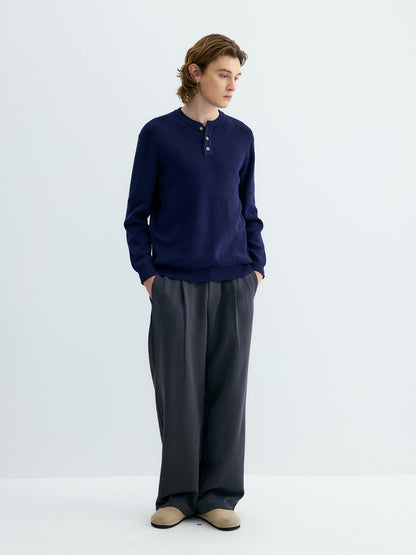 Ribbed Henley Collar Knit Sweater