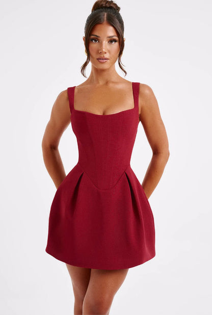 Fishbone pattern patchwork halter dress