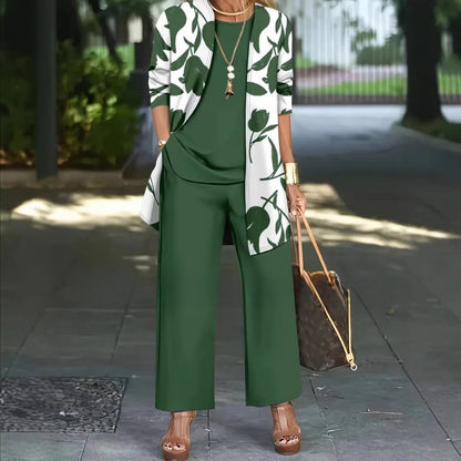Womens Casual Printed Cardigan Long Sleeve Top and Pants Set