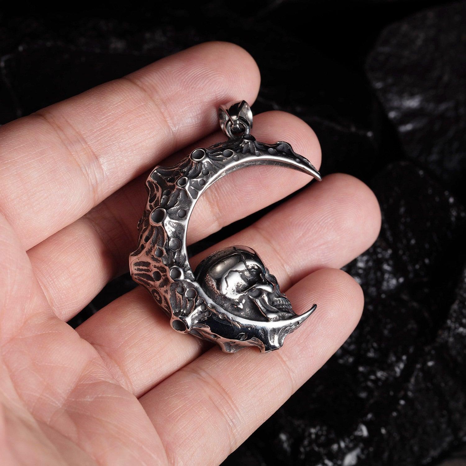 Color: Pendant - Fashion Trend Creative Personality Moon Titanium Steel Necklace Retro Hip Hop Crescent Skull Pendant