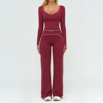 Color-Blocking Brushed Yoga Set for Women Double Shoulder Straps Workout Fitness Suit