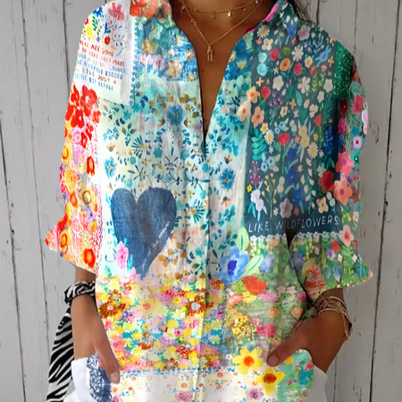Floral Print Long Sleeve Womens Lapel Cardigan Shirt