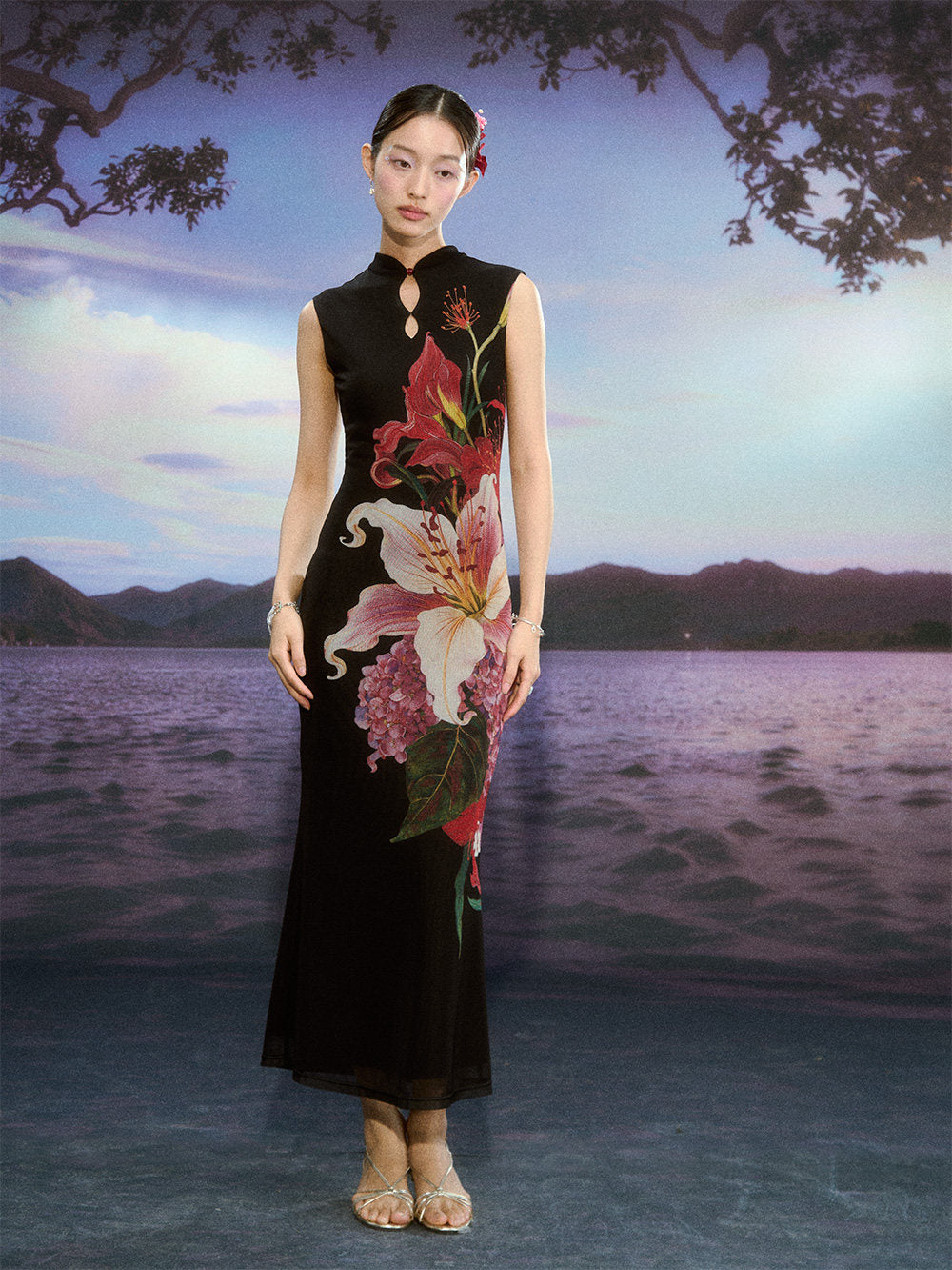 Floral Gradient Mesh Cheongsam Dress
