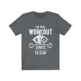 The Real Workout unisex t-shirt in soft cotton with vinyl print, retail fit, designed in USA