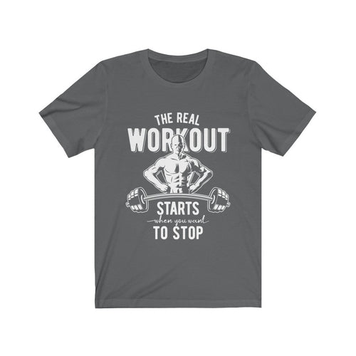 The Real Workout unisex t-shirt in soft cotton with vinyl print, retail fit, designed in USA