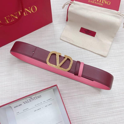 Valentino V logo Hammered Buckle Reversible Wide Signature Belt &