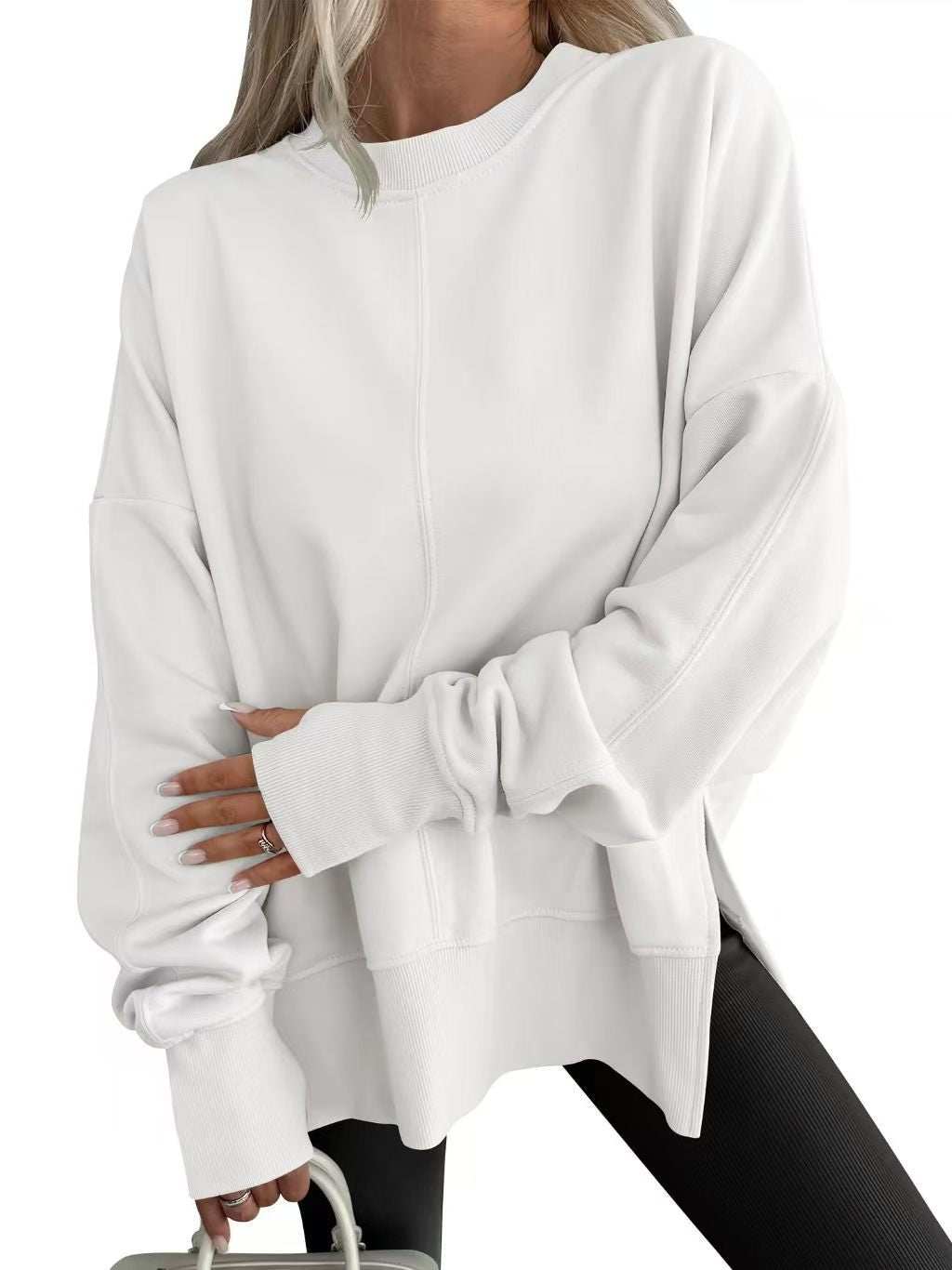 Womens Loose Bat Sleeve Side Slit Round Neck Fleece Lined Sweatshirt