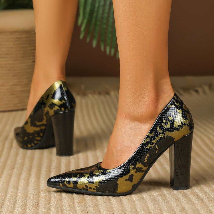 Womens low-cut pumps with color-blocked random prints and chunky high heels in white, black, and red colors