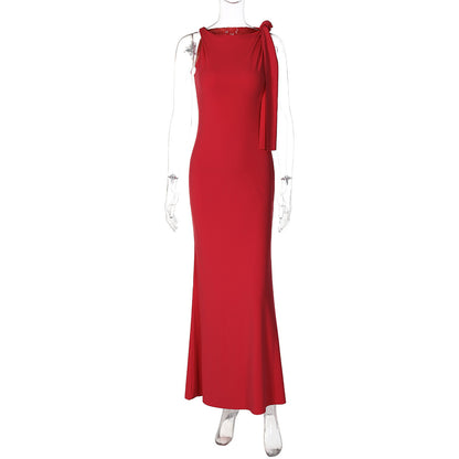 Elegant Sleeveless A-Line Dress with Shoulder Ribbon