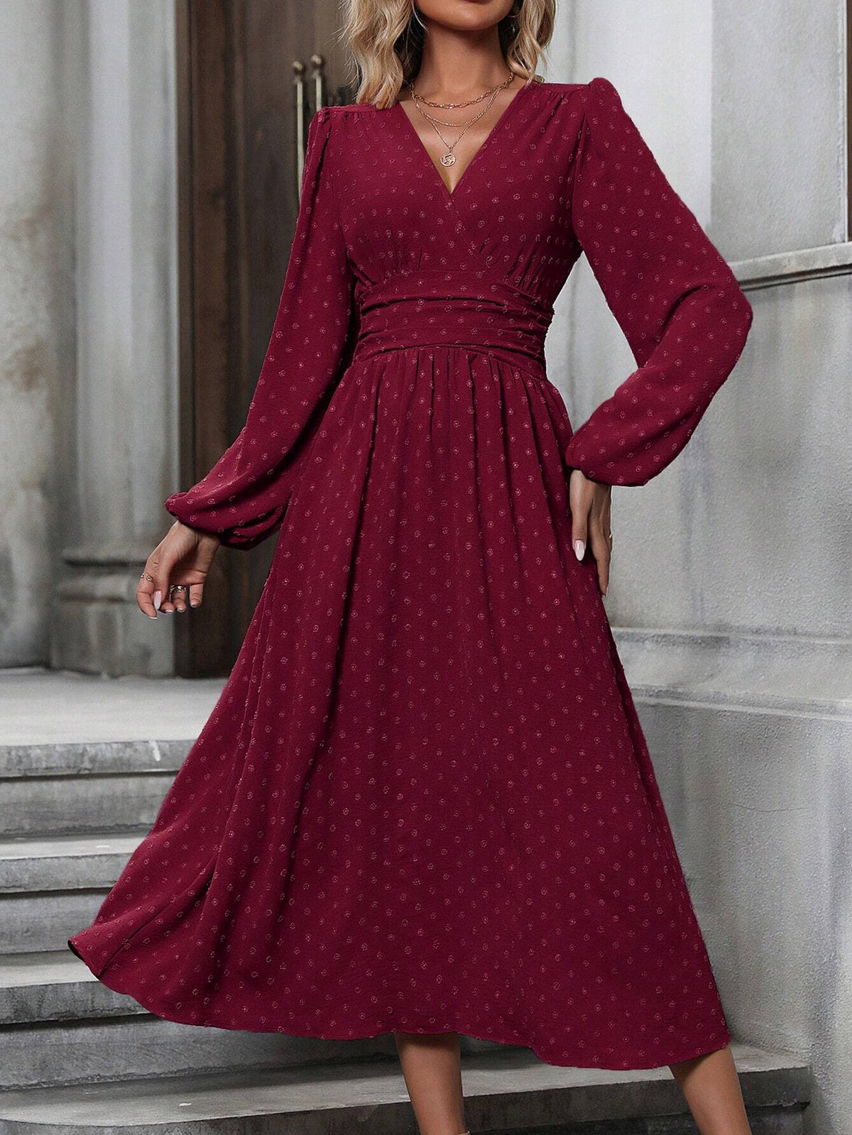 medium fur ball diagonal collar lantern sleeve pleated waist dress