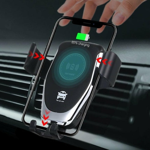 Ezra Ninja Dragon QI X wireless charger with car mount holder showing sleek black design and adjustable phone cradle in use.