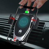 Ezra Ninja Dragon QI X wireless charger with car mount holder showing sleek black design and adjustable phone cradle in use.