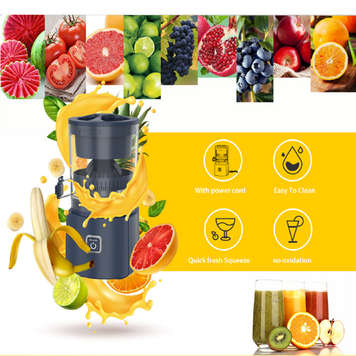 Compact electric citrus juicer extracting fresh orange juice with transparent chamber and detachable parts for easy cleaning