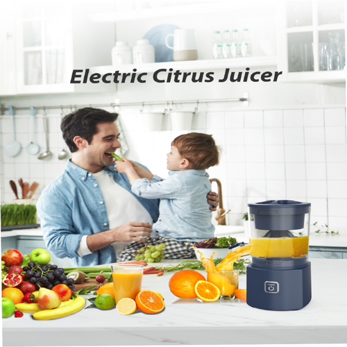 Compact electric citrus juicer extracting fresh juice from oranges with transparent chamber and easy-to-clean parts