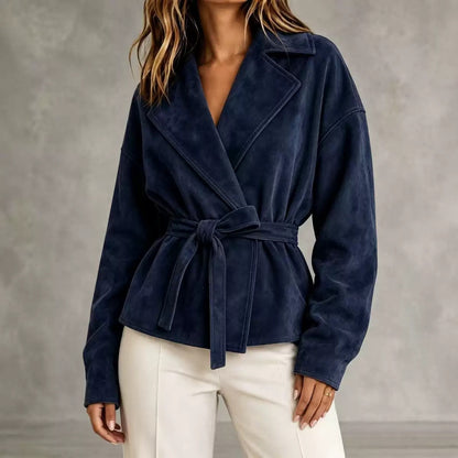 Lapel Suede Lace-Up Short Coat Loose Long Sleeve Jacket