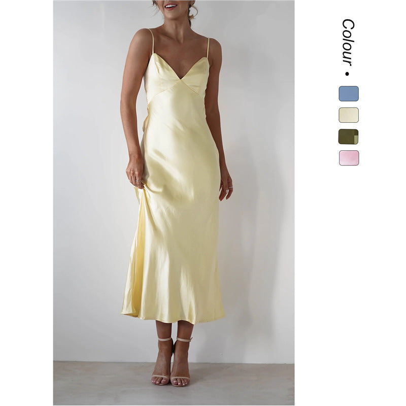 Satin Strap Backless Long Dress