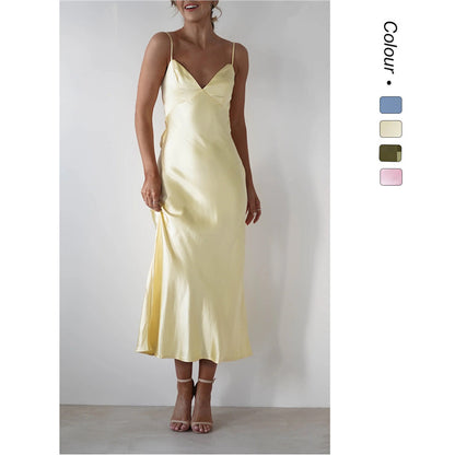 Satin Strap Backless Long Dress