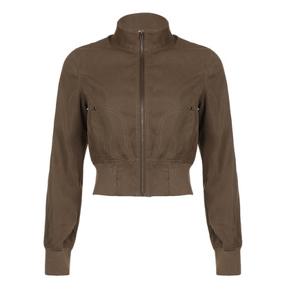 Vintage Brown High-Neck Slim-Fit Jacket