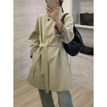 Cinched-waist mid-length trench coat